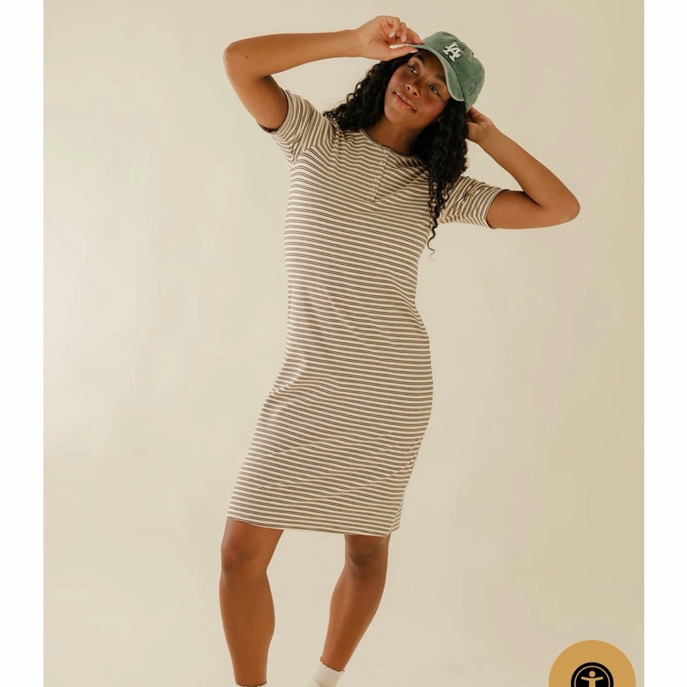 Roolee Striped Short-Sleeve Tee Dress in Beige/White